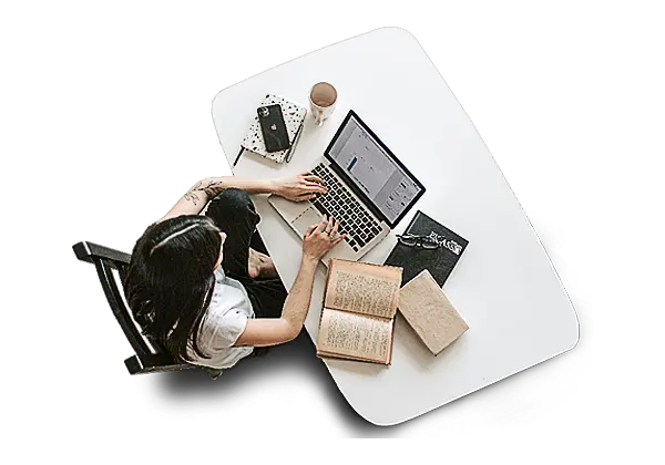 Top-View of a Laptop Operating girl On white Table.