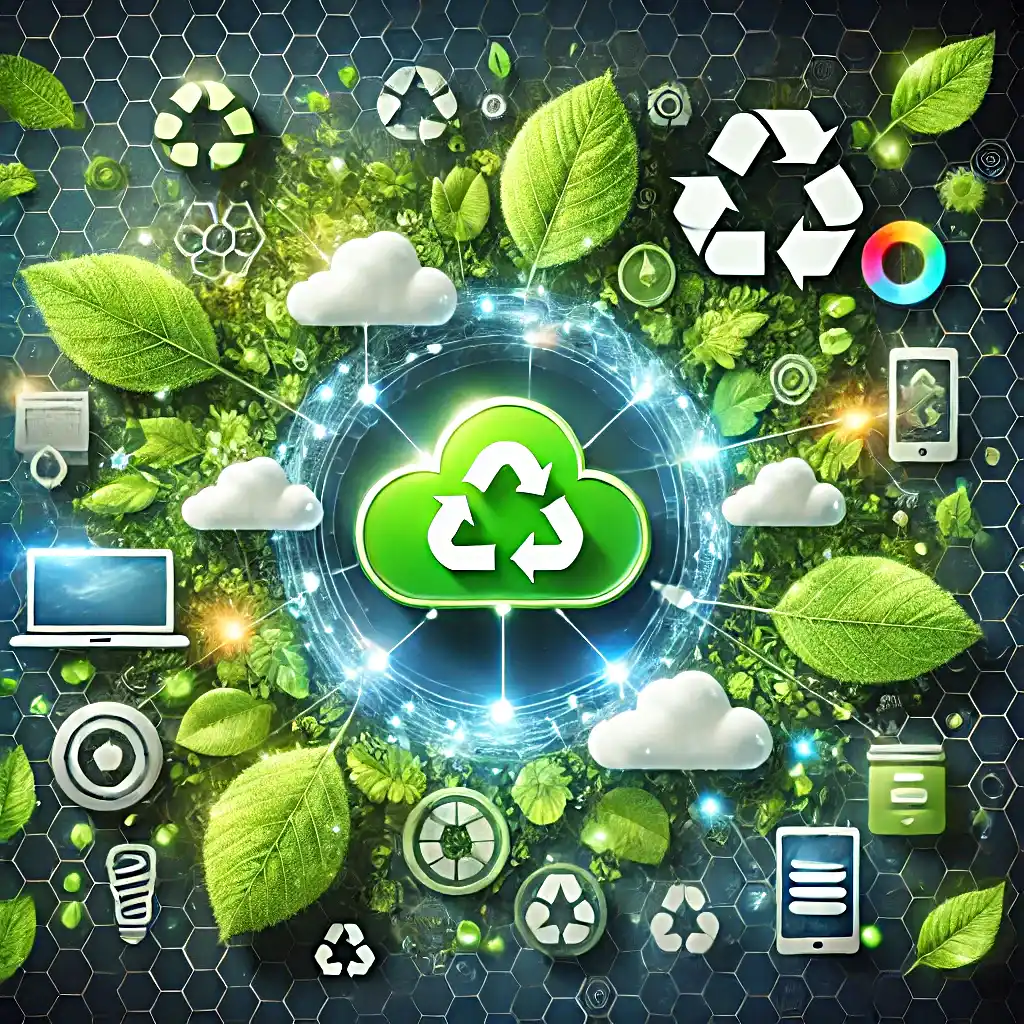 Digital concept of a cloud storage icon surrounded by eco-friendly elements like leaves, recycling symbols, and energy-efficient gadgets, with light trails connecting the cloud to digital devices like smartphones, tablets, and laptop