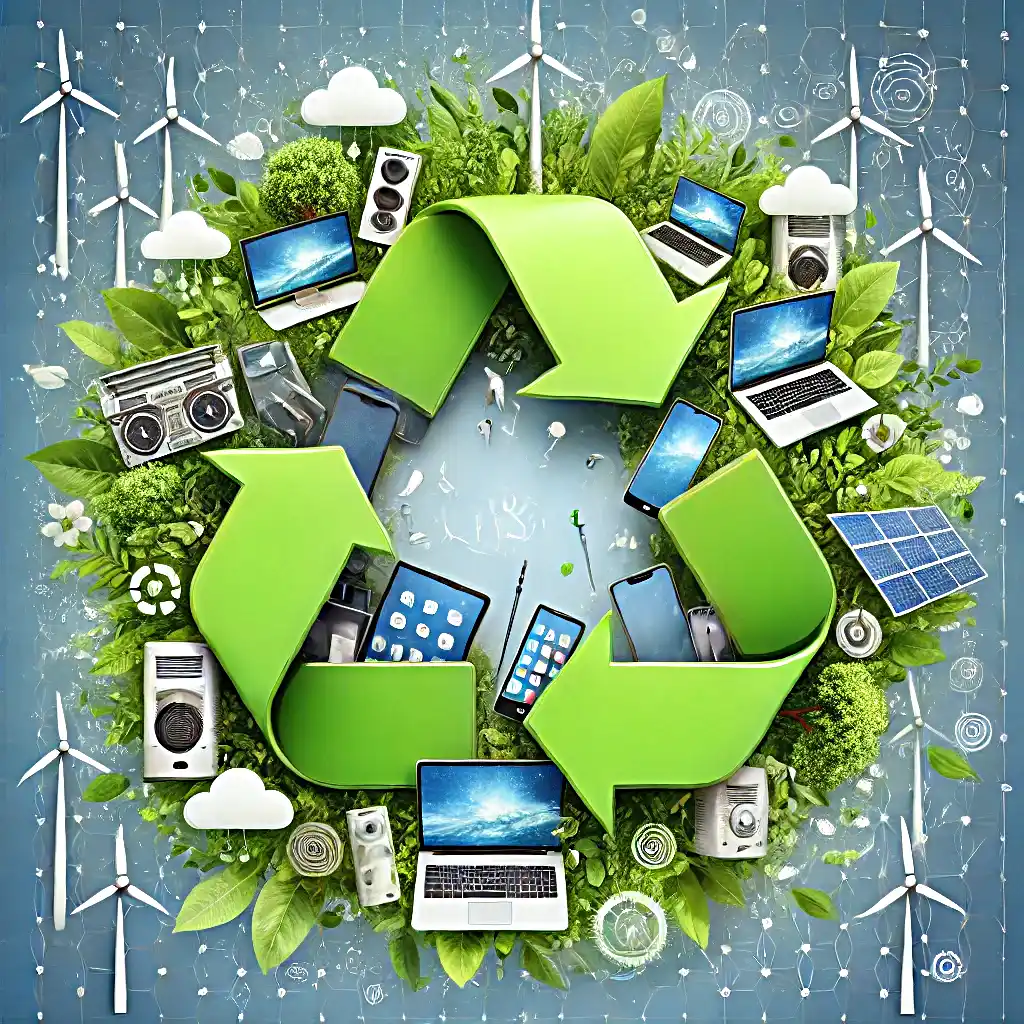 Illustration of various electronic devices like smartphones, tablets, and laptops arranged in a recycling symbol, surrounded by green elements like leaves, plants, and clean energy symbols such as wind turbines and solar panels, representing sustainable e-waste disposal