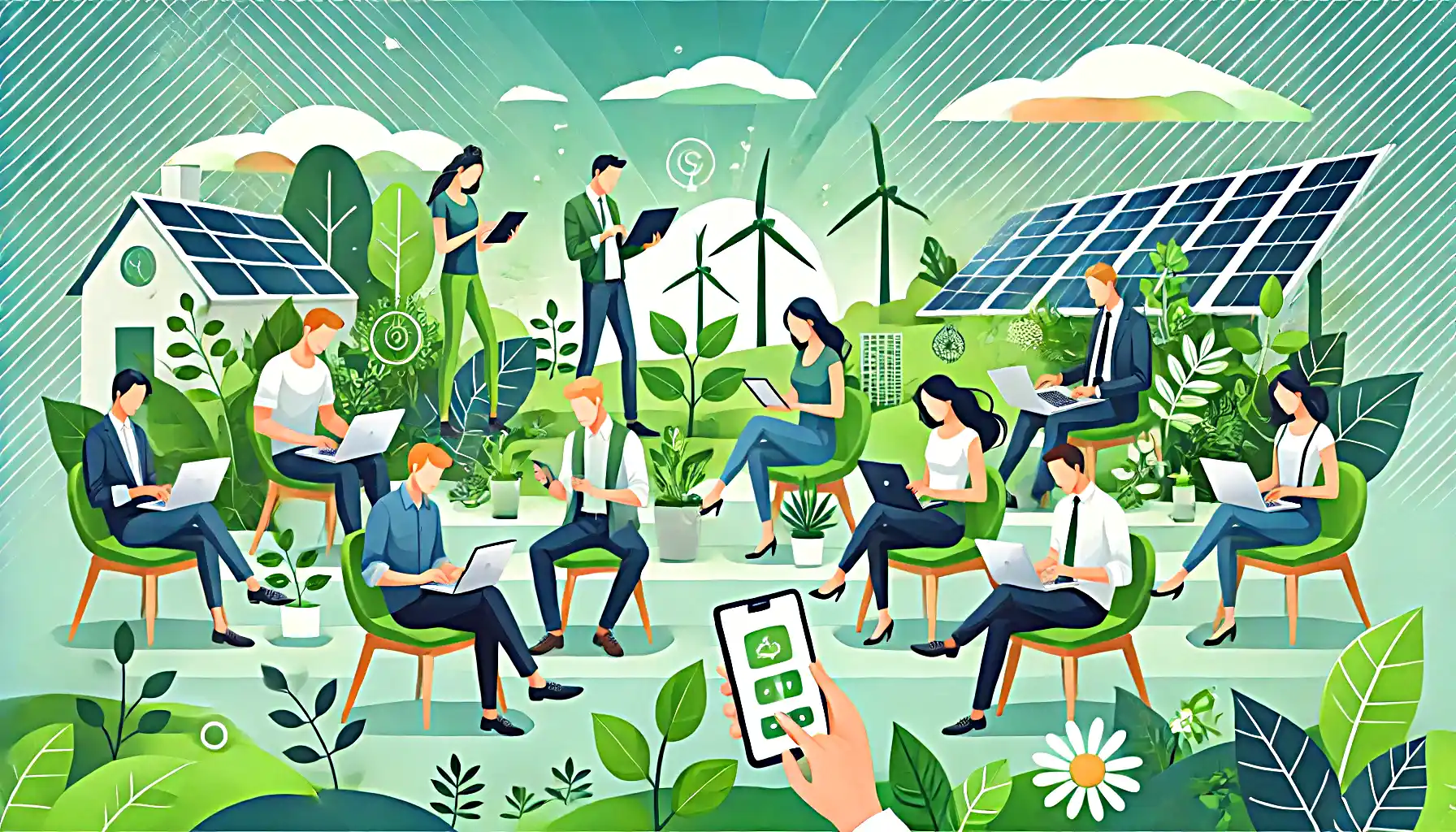 Illustration of a diverse group of people using digital devices like laptops, tablets, and smartphones in an eco-friendly setting with green elements such as trees, plants, and solar panels, symbolizing sustainable technology use