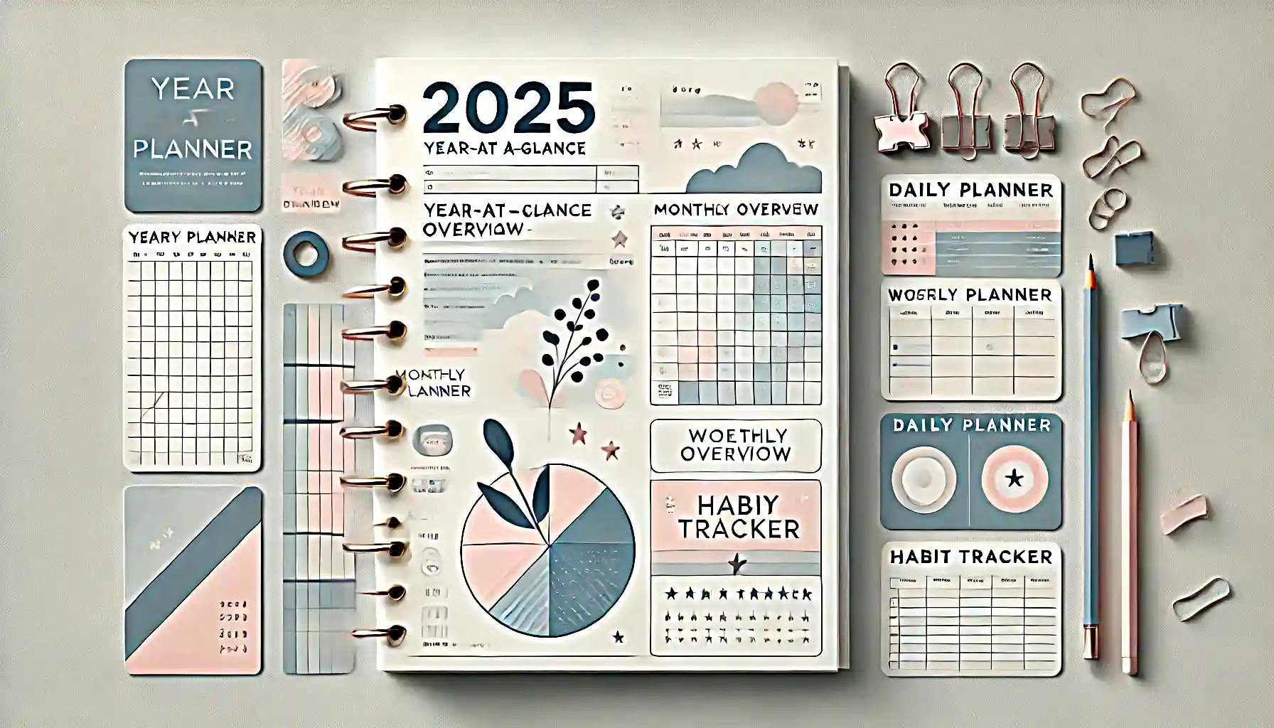 Vector-style image of a 2025 paper planner with sections like Year-at-a-Glance, Monthly Overview, Weekly Planner, Daily Planner, and Habit Tracker, featuring spiral bindings and pastel color accents