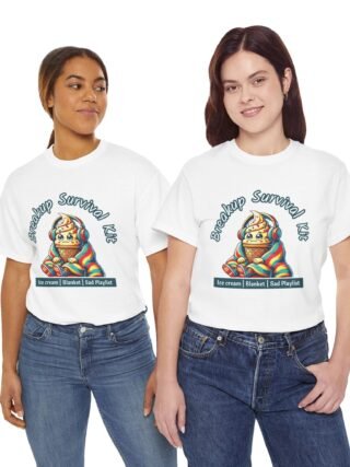Breakup Survival Kit Unisex Heavy Cotton Tee - Ice Cream, Blanket & Sad Playlist Design